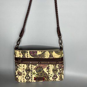 SAKROOTS MINI CROSSBODY/SHOULDER/CLUTCH BAG CREAMY CANVAS WITH FLOWERS & OWLS